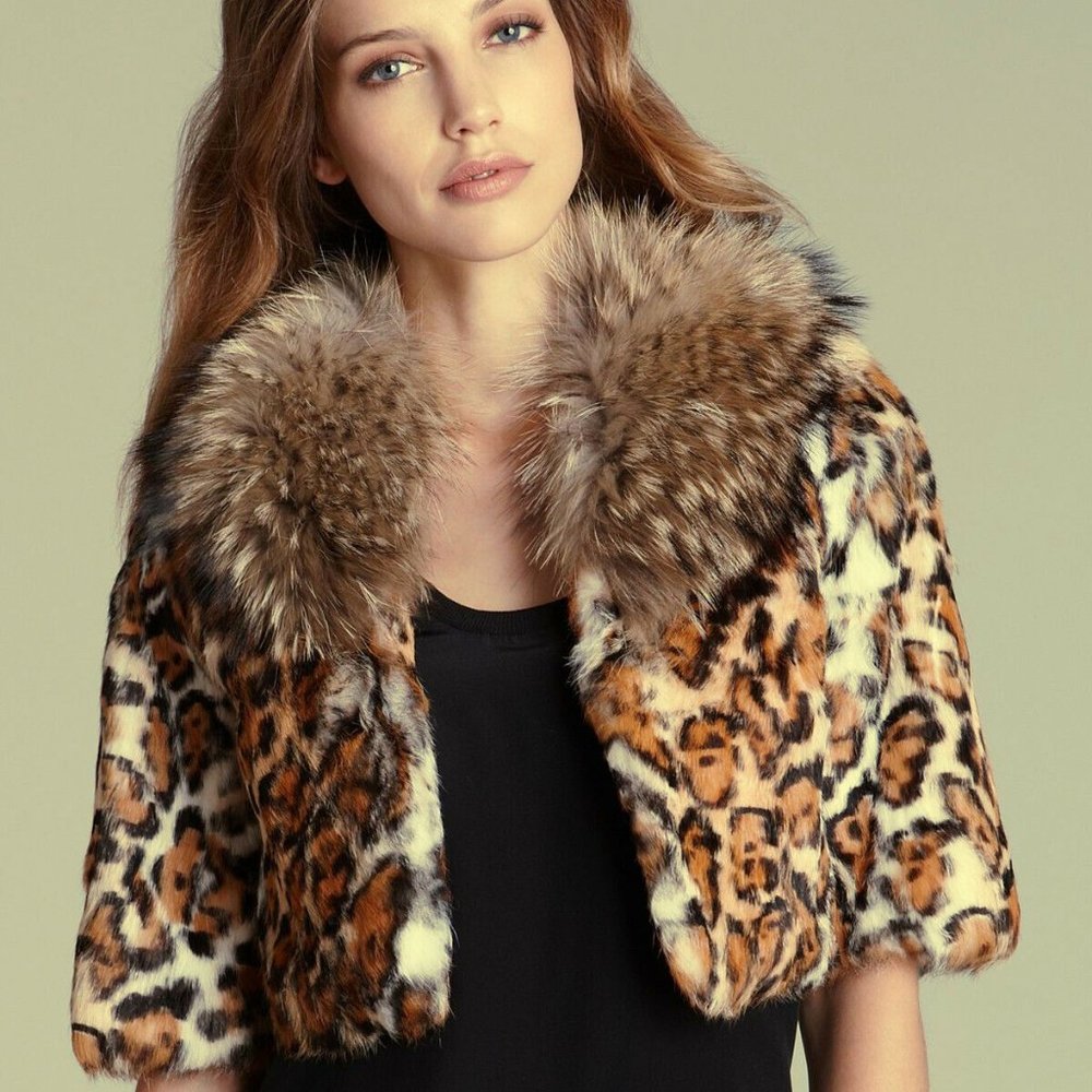 Leopard Print Fur Crop Coat  ADRIENNE LANDAU - M/L